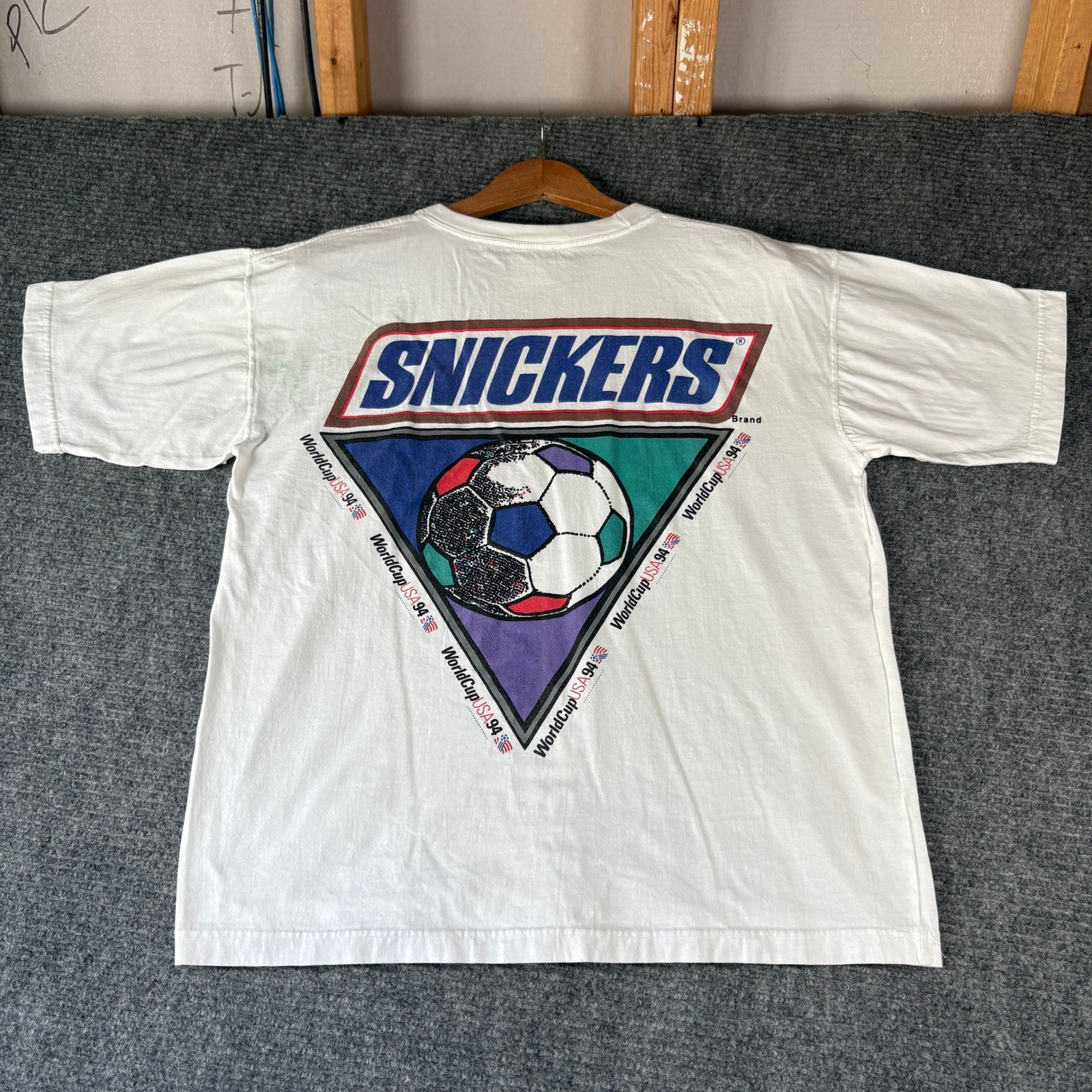 Vintage Snickers World Cup Usa 94 Soccer TShirt White Mens Large 90s Graphic